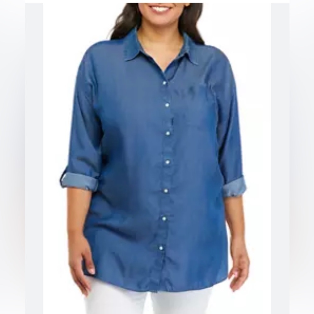 New Crown & Ivy Button Up Blouse Tinsel  Chambray Size 2X High Low